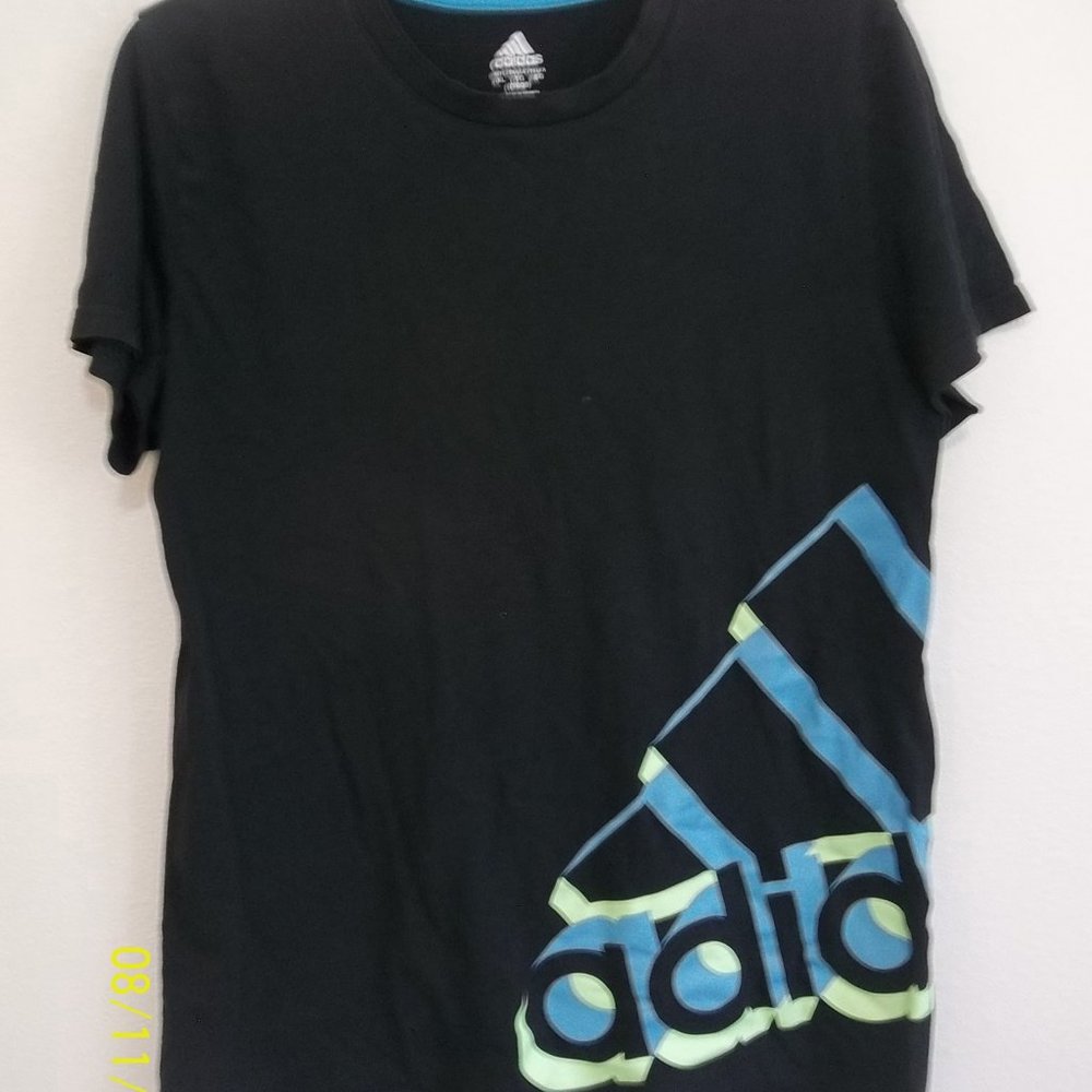 Adidas Boys Size 18/20 "Black Short Sleeve T-Shirt with Blue/Green Logo